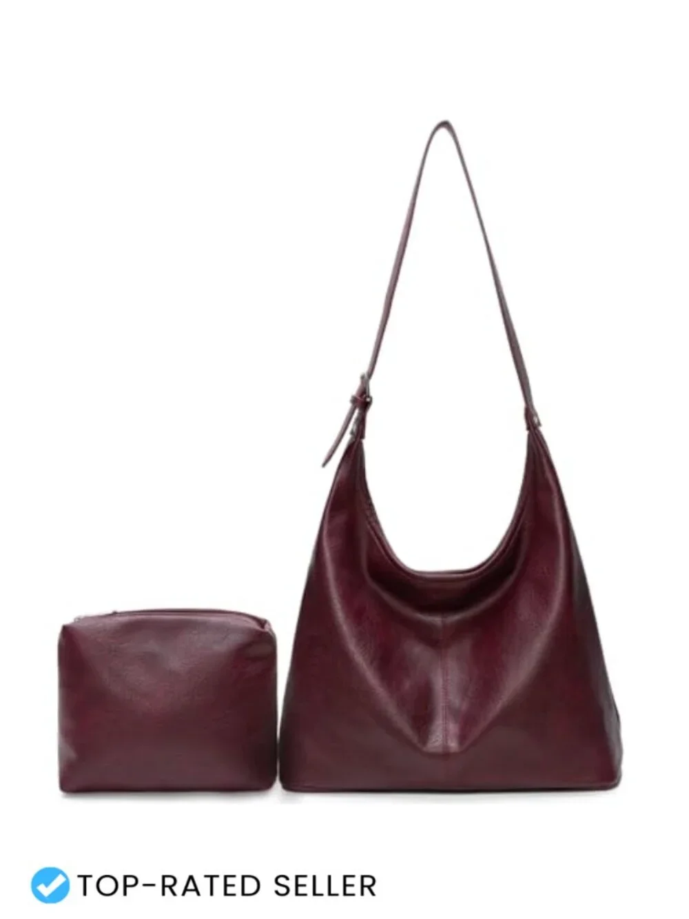 Vegan Leather Slouchy Hobo Shoulder Tote with Matching Pouch, Laptop Bag